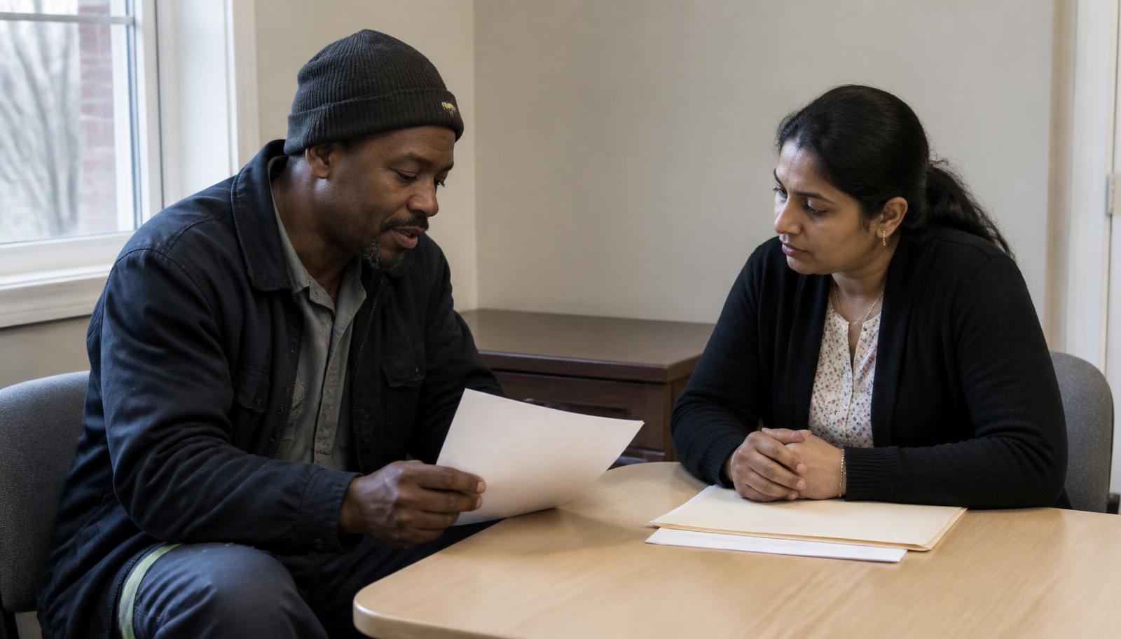 A Black man discussing employment paperwork with a South Asian adviser in a community office