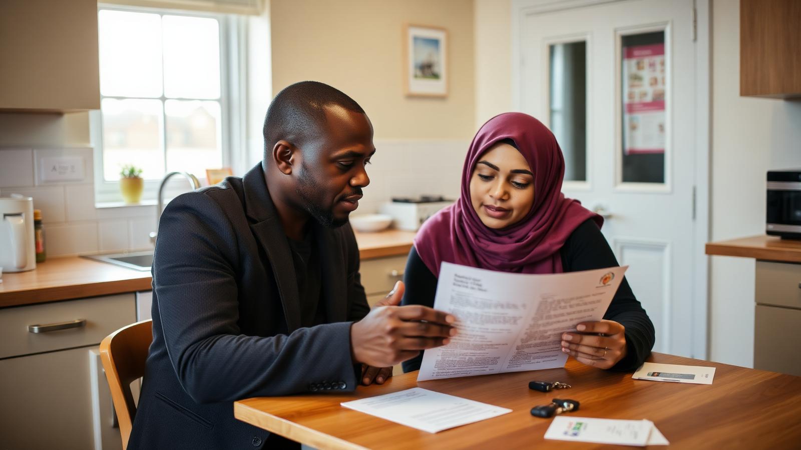 A Black adviser reading a tenancy letter with a young woman at a community advice centre