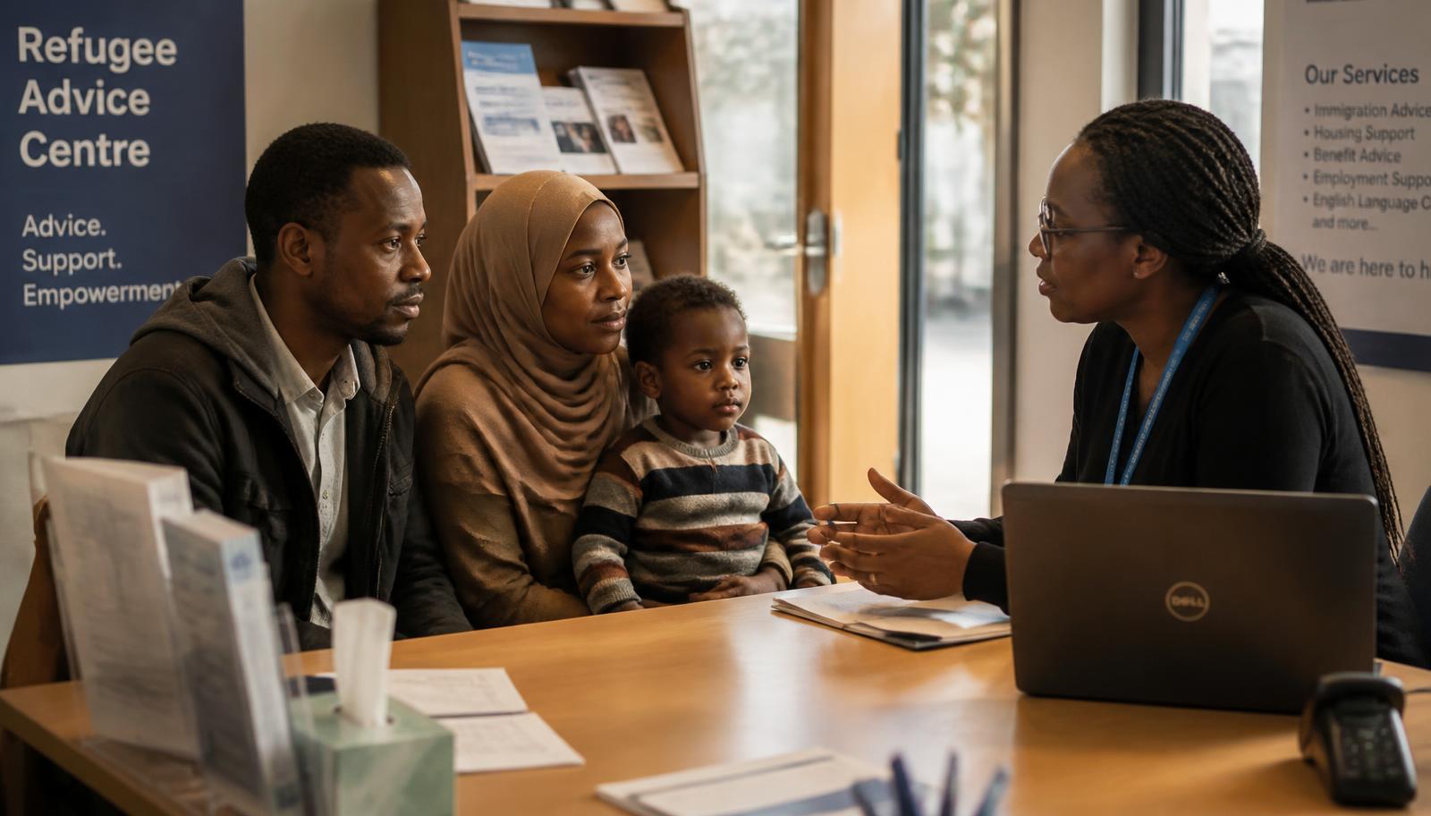 A refugee family speaking with a Black caseworker at a community advice centre