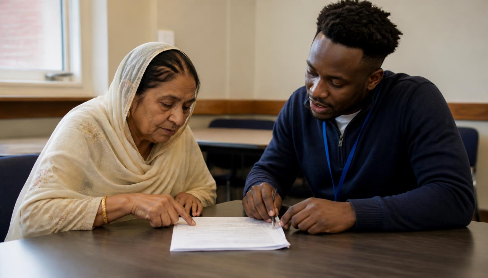 An older South Asian woman going through benefit forms with a young Black volunteer adviser