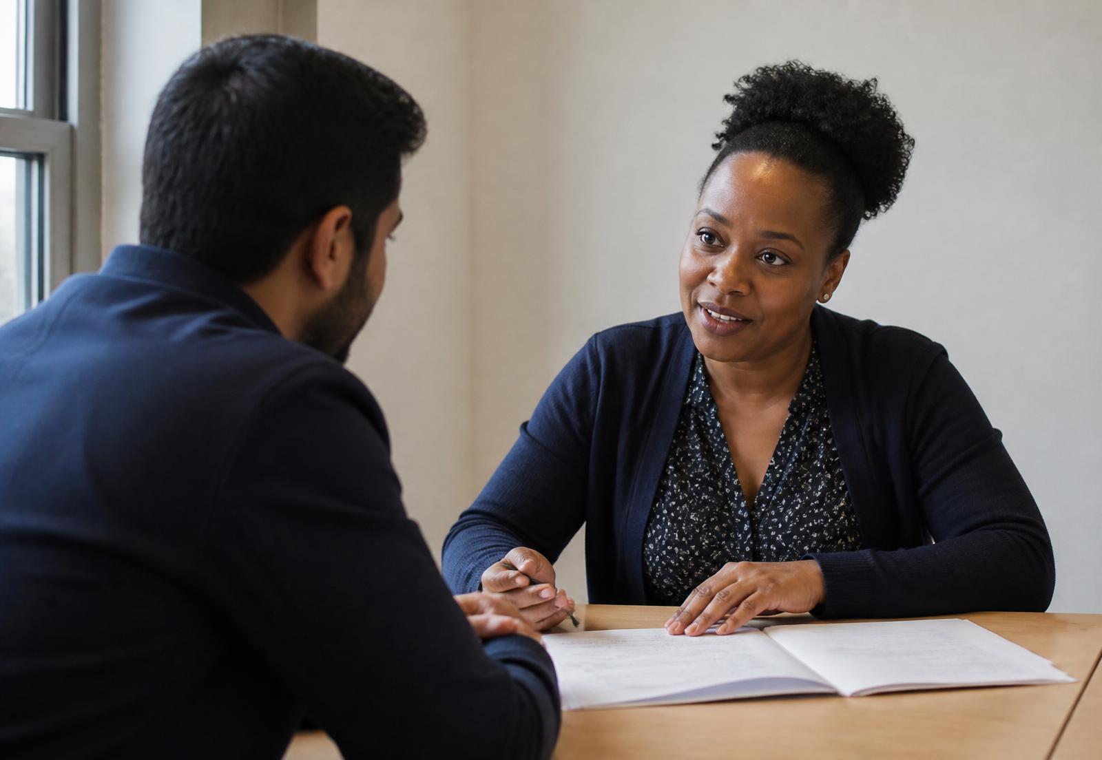 A Black adviser speaking with a visitor across a table at a community advice centre