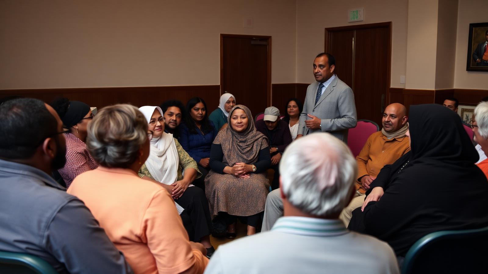A diverse group of residents meeting with a community advocate in a community hall
