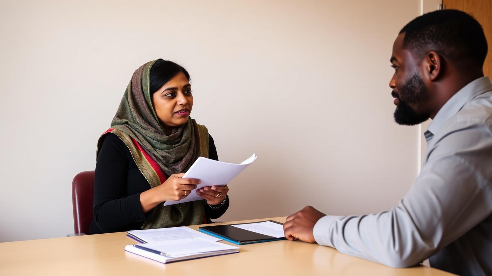 A South Asian woman adviser talking through paperwork with a Black man at a community advice centre