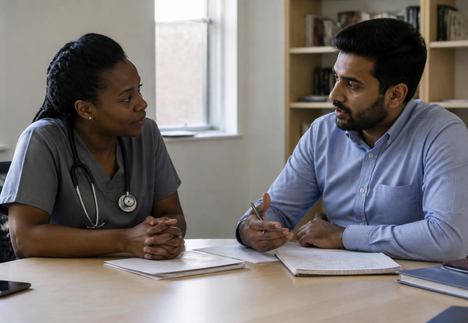 A Black woman doctor in scrubs in consultation with a South Asian man legal adviser across a table
