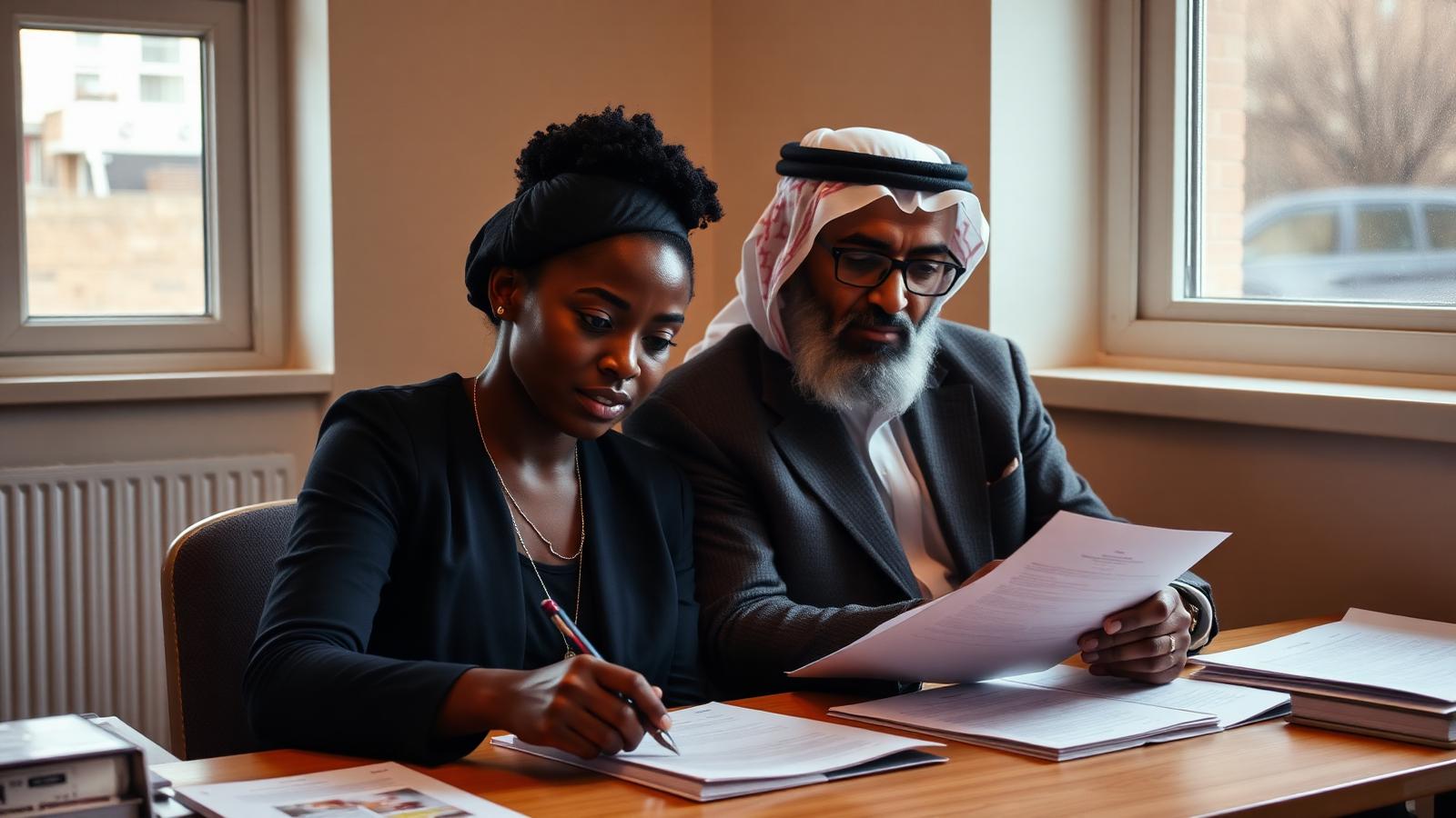 A Black woman caseworker and a Middle Eastern man reviewing immigration correspondence together