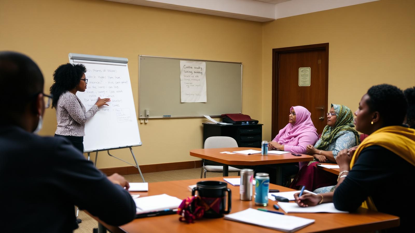 A Black woman facilitator leading a legal literacy workshop for a diverse group of adults