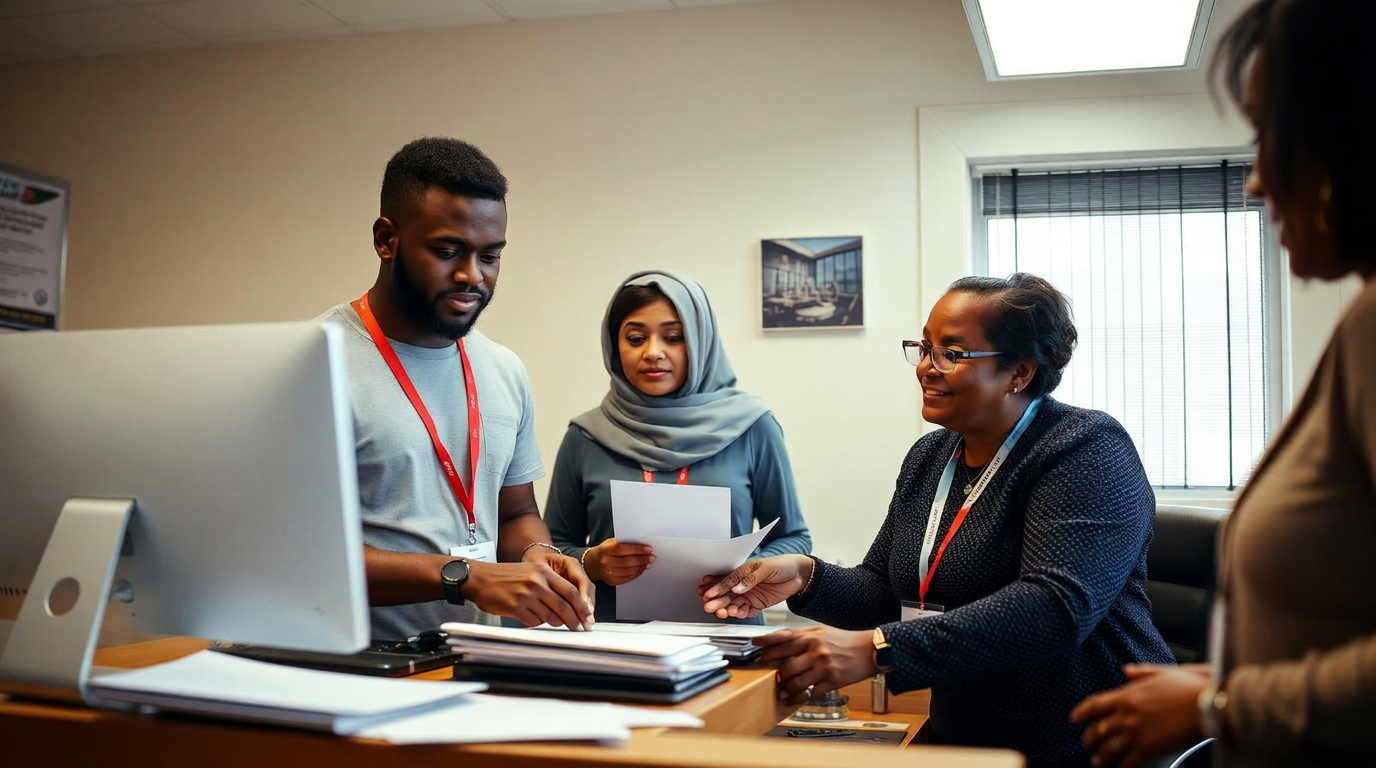 Black and South Asian volunteers working alongside a supervisor in a community legal centre office